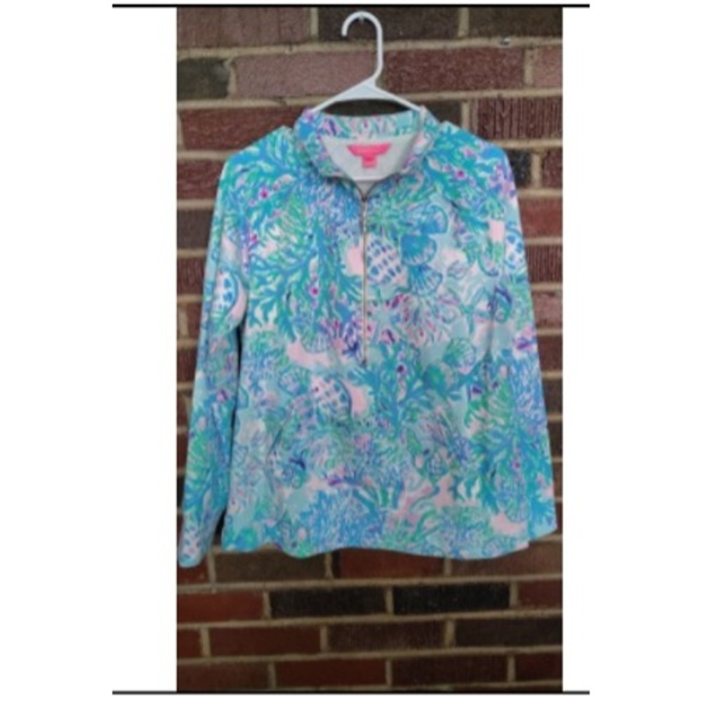 Lilly Pulitzer Skipper Popover‎ Blue Pink Sea Coral Quarter Zip Sweatshirt M